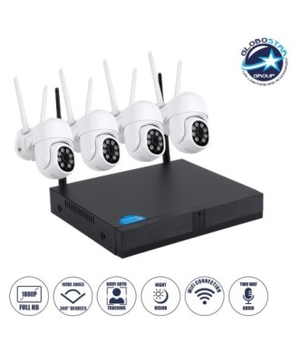 GloboStar® 86039 Ασύρματο Καταγραφικό με 4 x Camera 2MP 1080P WiFi  360° Μοιρών - Αδιάβροχο IP66 - Νυχτερινή Όραση με LED IR - Διπλή Κατέυθυνση Ομιλίας - Ανιχνευτή Κίνησης - Νυχτερινή Λήψη - Λευκό